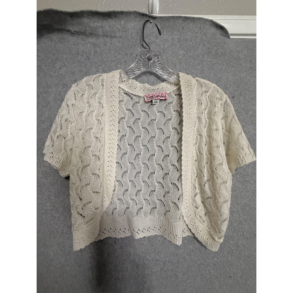 Knit Minded Shrug Sweater Womens Large White Open Knit Short Sleeve Made In USA